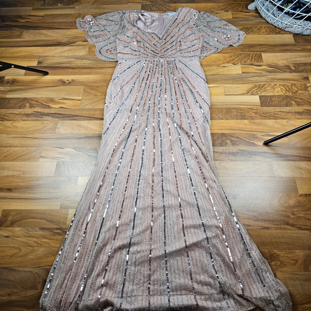 Mac Duggal Beaded Gown Rose Gold Formal Evening Dress Capelet 93583 sz 10